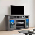 Meuble TV pour téléviseurs jusqu'à 65 pouces, meuble de divertissement style ferme avec bande lumineuse, meuble TV en bois avec portes en verre, gris