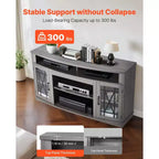 Meuble TV pour téléviseurs jusqu'à 65 pouces, meuble de divertissement style ferme avec bande lumineuse, meuble TV en bois avec portes en verre, gris