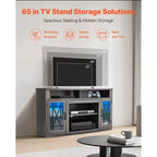 Meuble TV pour téléviseurs jusqu'à 65 pouces, meuble de divertissement style ferme avec bande lumineuse, meuble TV en bois avec portes en verre, gris