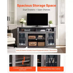 Meuble TV pour téléviseurs jusqu'à 65 pouces, meuble de divertissement style ferme avec bande lumineuse, meuble TV en bois avec portes en verre, gris