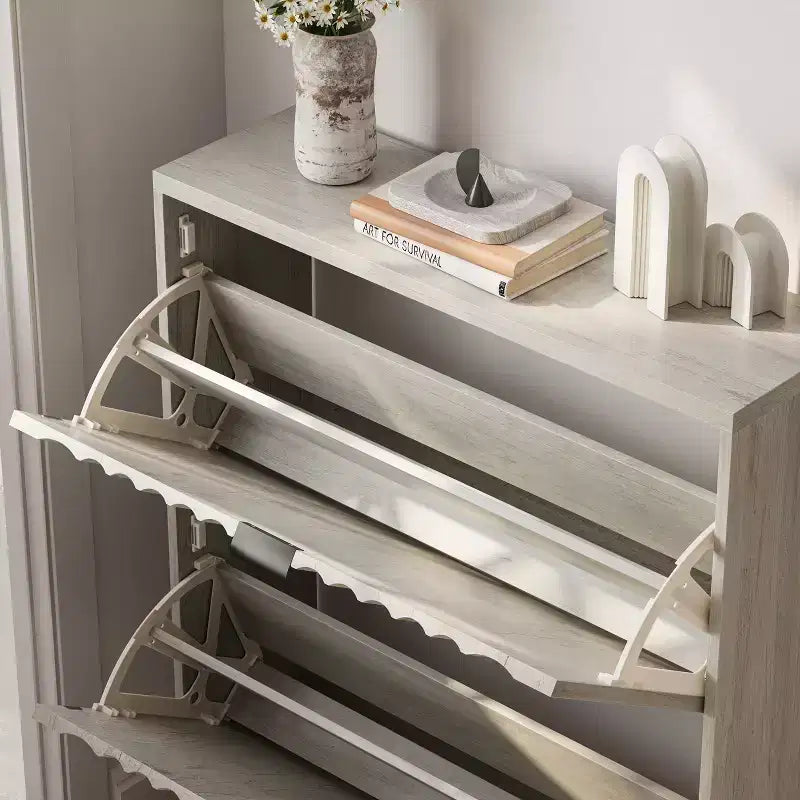 Shoe Cabinet With Wave Doors, Shoe Cabinet For Entryway, Modern Shoe Rack Organizer With 2 Flip Drawers For Hallway, Closet, Entrance, Closet, Grey