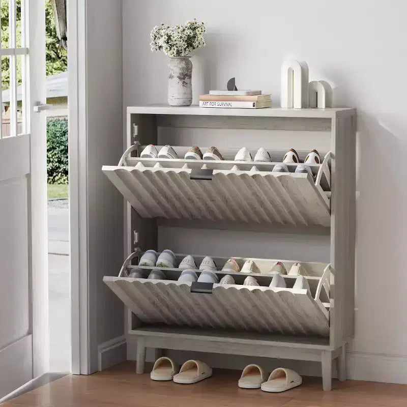 Shoe Cabinet With Wave Doors, Shoe Cabinet For Entryway, Modern Shoe Rack Organizer With 2 Flip Drawers For Hallway, Closet, Entrance, Closet, Grey