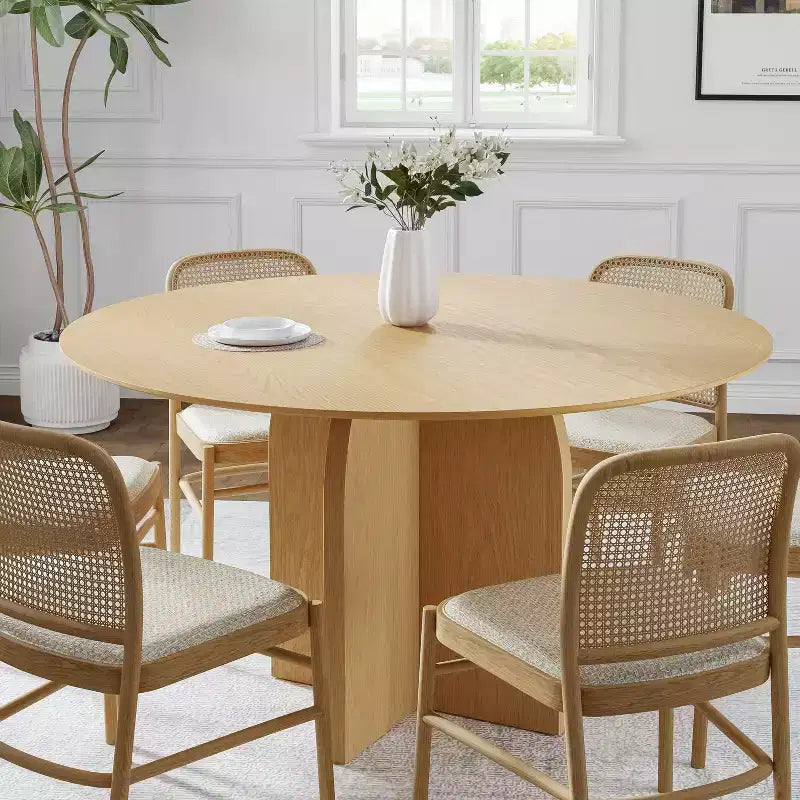 52 x 52 Solid Wood Round Dining Table with Natural Finish and Elegant Arched Legs for Modern Dining Rooms & Kitchens