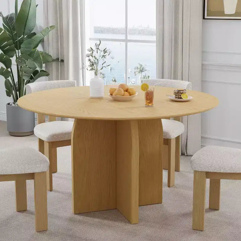 52 x 52 Solid Wood Round Dining Table with Natural Finish and Elegant Arched Legs for Modern Dining Rooms & Kitchens