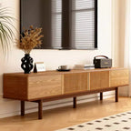 Gaoyangjiaju 86.6 Solid Wood TV Stand for TVs up to 90 - Fully Assembled Mid-Century Modern Media Console with Slatted Doors
