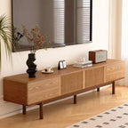 Meuble TV 220 cm en bois massif pour TV jusqu'à 90" - Meuble TV console moderne du milieu du siècle entièrement assemblé avec portes à lattes