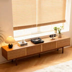 Meuble TV 220 cm en bois massif pour TV jusqu'à 90" - Meuble TV console moderne du milieu du siècle entièrement assemblé avec portes à lattes