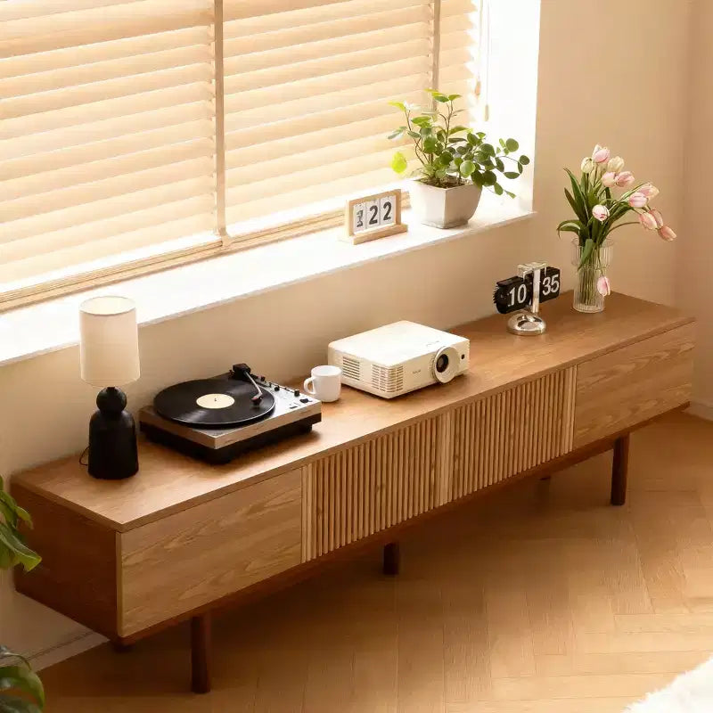 86.6 Solid Wood TV Stand for TVs up to 90 - Fully Assembled Mid-Century Modern Media Console with Slatted Doors
