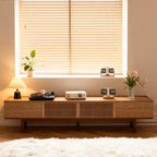 Meuble TV 220 cm en bois massif pour TV jusqu'à 90" - Meuble TV console moderne du milieu du siècle entièrement assemblé avec portes à lattes