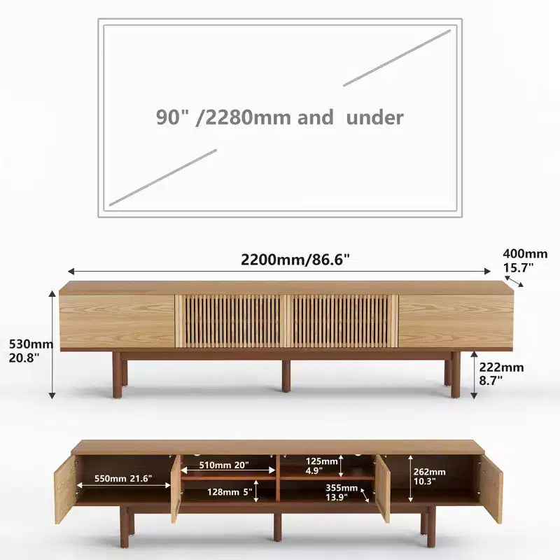 86.6 Solid Wood TV Stand for TVs up to 90 - Fully Assembled Mid-Century Modern Media Console with Slatted Doors