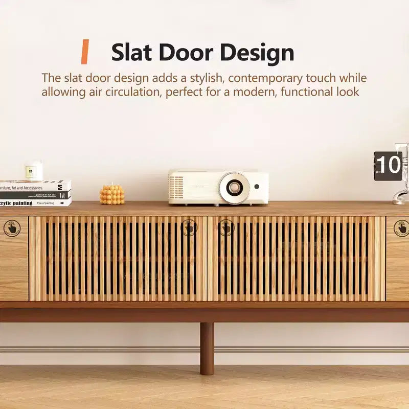 86.6 Solid Wood TV Stand for TVs up to 90 - Fully Assembled Mid-Century Modern Media Console with Slatted Doors