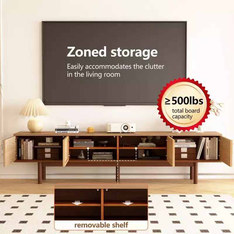 86.6 Solid Wood TV Stand for TVs up to 90 - Fully Assembled Mid-Century Modern Media Console with Slatted Doors