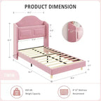 Lit double à LED avec tête de lit de rangement et station de charge, cadre de lit plateforme rembourré en velours avec étagère, aucun sommier tapissier requis