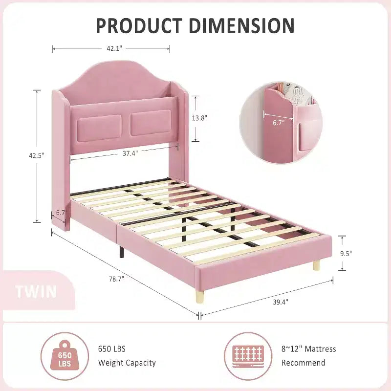 Twin LED Bed Frame with Storage Headboard and Charging Station, Velvet Upholstered Platform Bed Frame with Bookcase, No Box Spring Needed