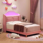 Lit double à LED avec tête de lit de rangement et station de charge, cadre de lit plateforme rembourré en velours avec étagère, aucun sommier tapissier requis