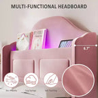 Lit double à LED avec tête de lit de rangement et station de charge, cadre de lit plateforme rembourré en velours avec étagère, aucun sommier tapissier requis