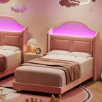 Lit double à LED avec tête de lit de rangement et station de charge, cadre de lit plateforme rembourré en velours avec étagère, aucun sommier tapissier requis