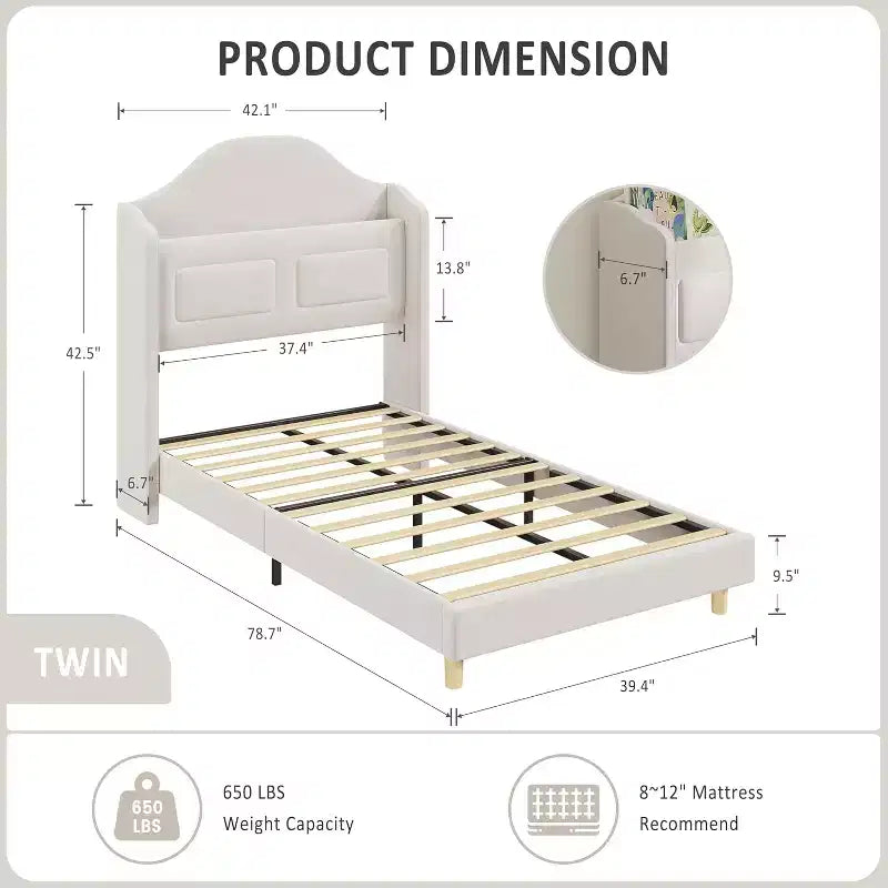 Twin LED Bed Frame with Storage Headboard and Charging Station, Velvet Upholstered Platform Bed Frame with Bookcase, No Box Spring Needed