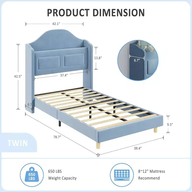 Twin LED Bed Frame with Storage Headboard and Charging Station, Velvet Upholstered Platform Bed Frame with Bookcase, No Box Spring Needed