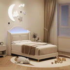 Lit double à LED avec tête de lit de rangement et station de charge, cadre de lit plateforme rembourré en velours avec étagère, aucun sommier tapissier requis