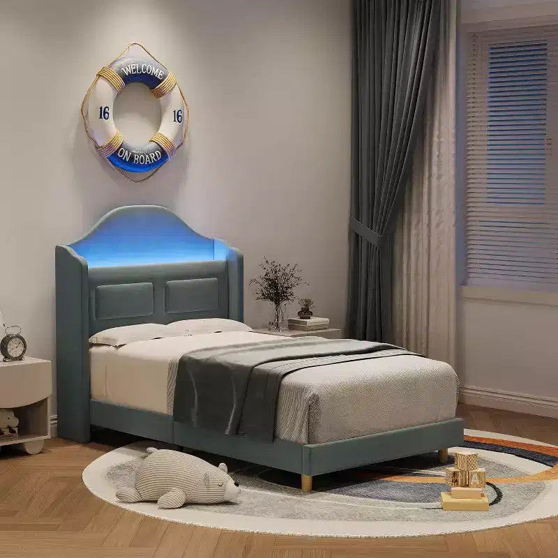 Twin LED Bed Frame with Storage Headboard and Charging Station, Velvet Upholstered Platform Bed Frame with Bookcase, No Box Spring Needed