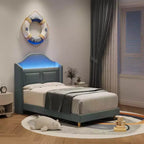 Lit double à LED avec tête de lit de rangement et station de charge, cadre de lit plateforme rembourré en velours avec étagère, aucun sommier tapissier requis
