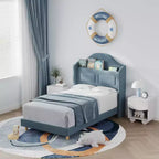 Twin LED Bed Frame with Storage Headboard and Charging Station, Velvet Upholstered Platform Bed Frame with Bookcase, No Box Spring Needed
