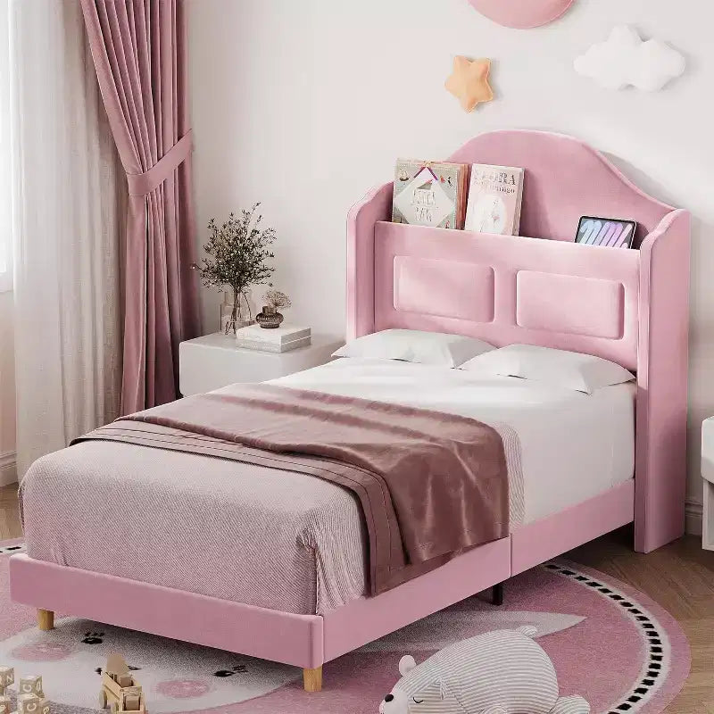 Twin LED Bed Frame with Storage Headboard and Charging Station, Velvet Upholstered Platform Bed Frame with Bookcase, No Box Spring Needed