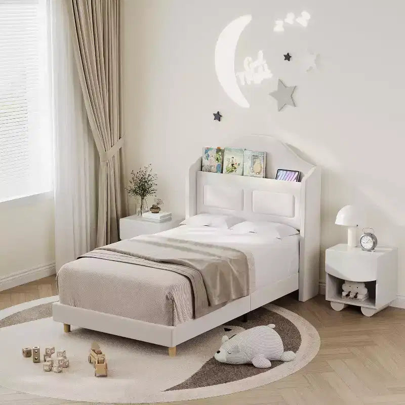 Twin LED Bed Frame with Storage Headboard and Charging Station, Velvet Upholstered Platform Bed Frame with Bookcase, No Box Spring Needed