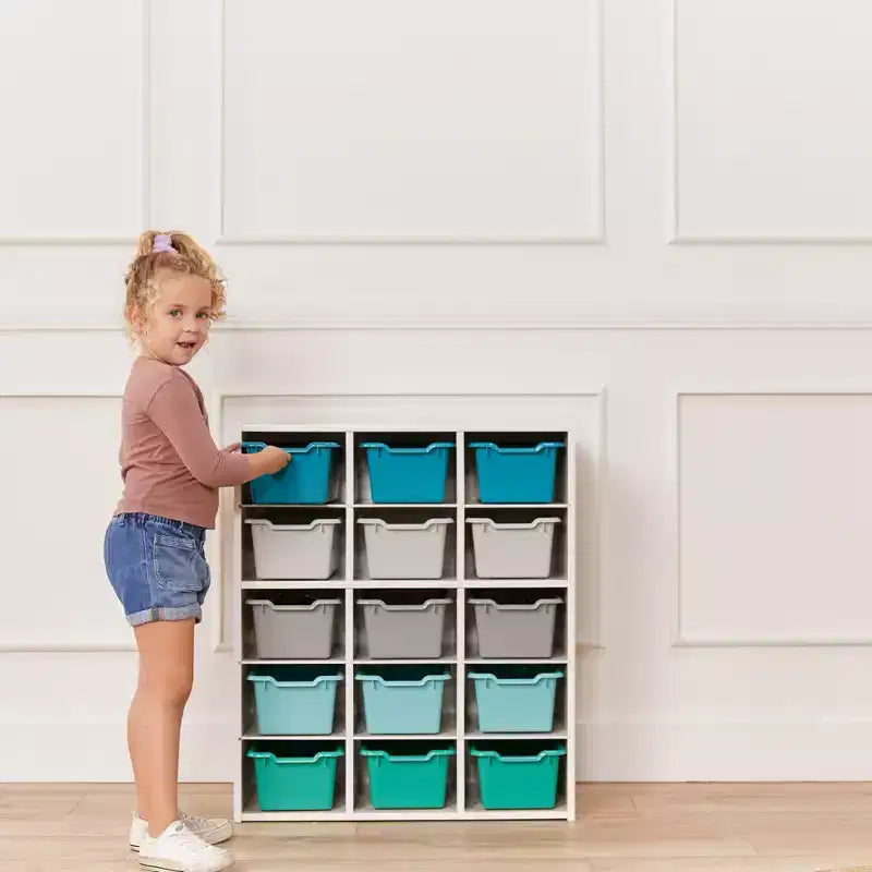 15 Cubby Tray Cabinet with 15 Scoop Front Bins, 5x3, Kids Furniture
