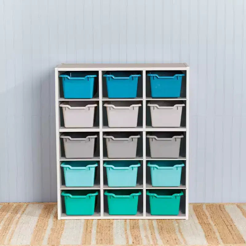 15 Cubby Tray Cabinet with 15 Scoop Front Bins, 5x3, Kids Furniture