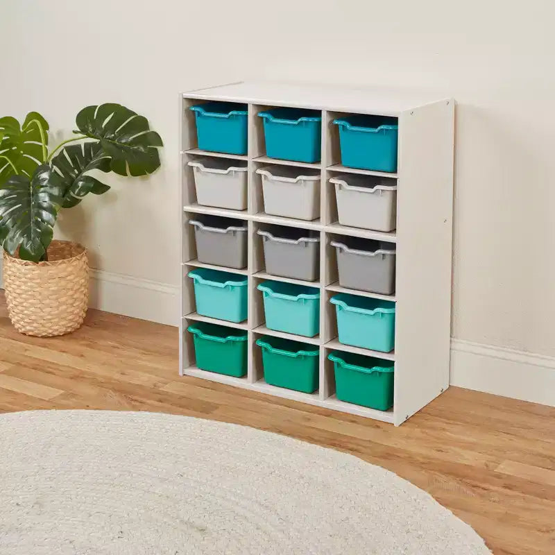 15 Cubby Tray Cabinet with 15 Scoop Front Bins, 5x3, Kids Furniture
