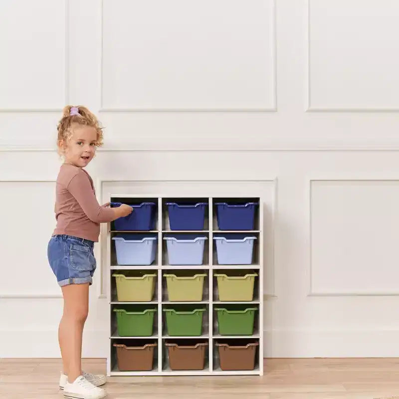 15 Cubby Tray Cabinet with 15 Scoop Front Bins, 5x3, Kids Furniture
