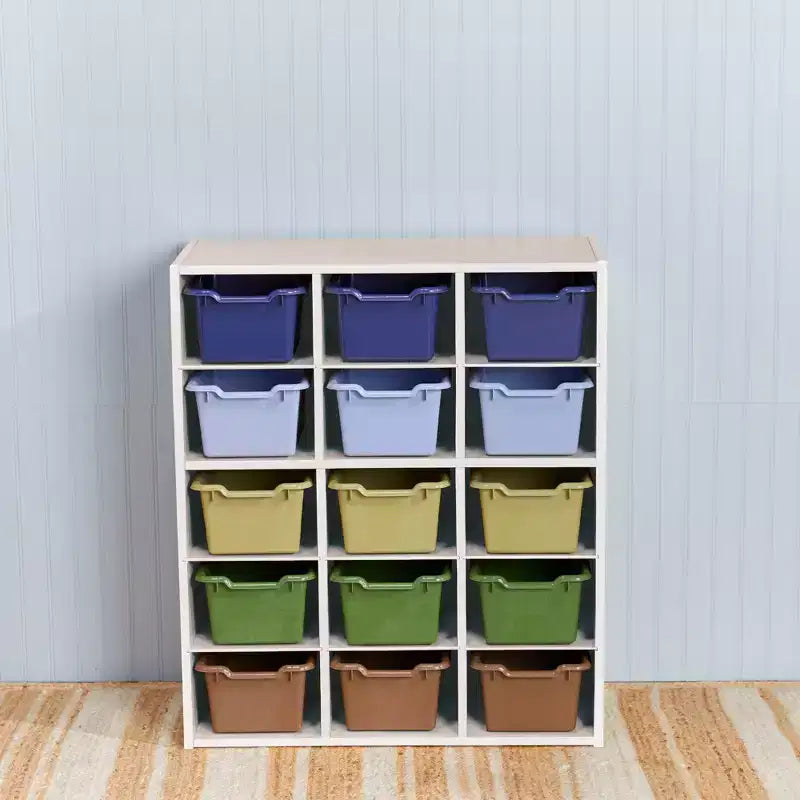 15 Cubby Tray Cabinet with 15 Scoop Front Bins, 5x3, Kids Furniture