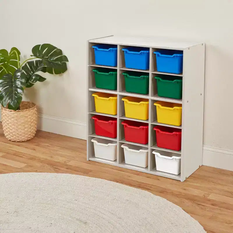 15 Cubby Tray Cabinet with 15 Scoop Front Bins, 5x3, Kids Furniture