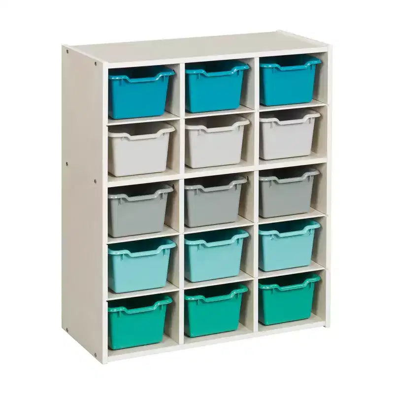 15 Cubby Tray Cabinet with 15 Scoop Front Bins, 5x3, Kids Furniture
