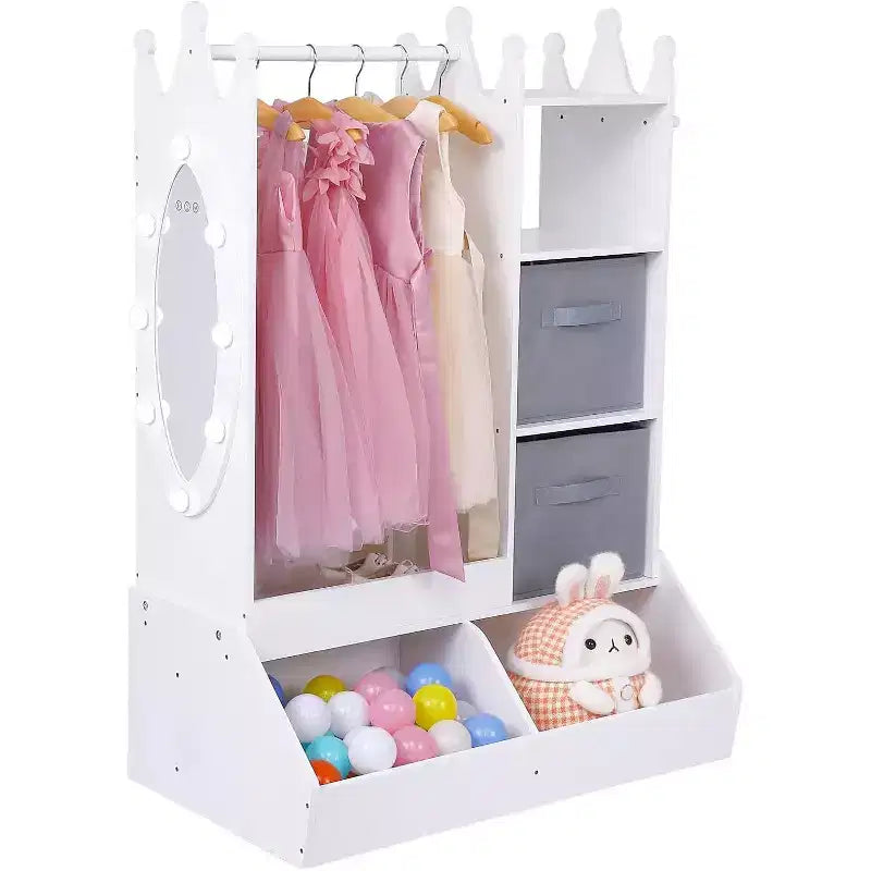 Girls' Dress Up Storage Wardrobe with Lighted Mirror, Toy Organizer