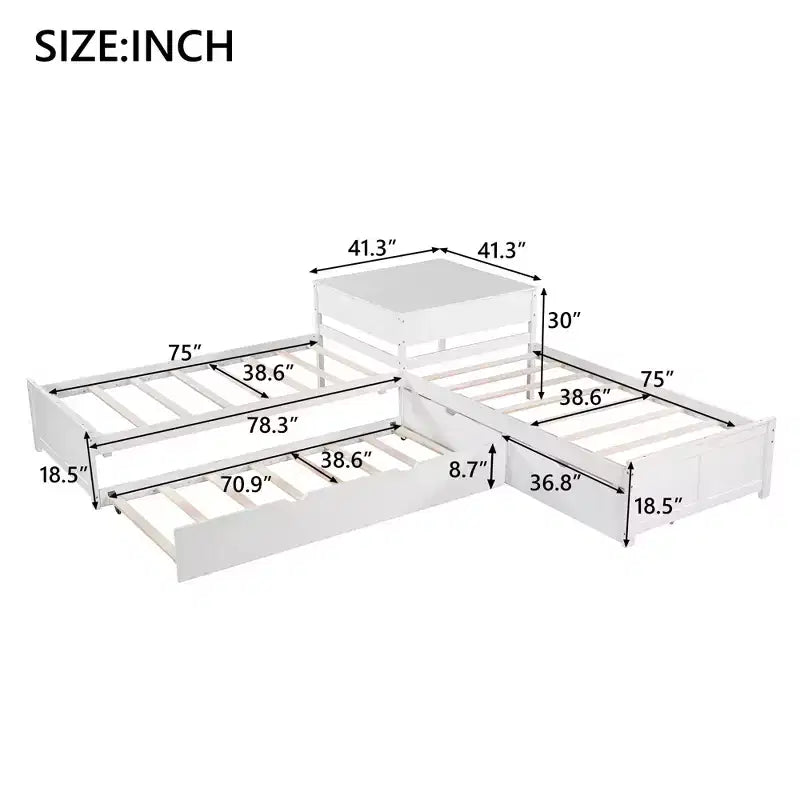 L-shaped Platform Bed with Trundle and Drawers Linked with built-in Desk,Twin,White