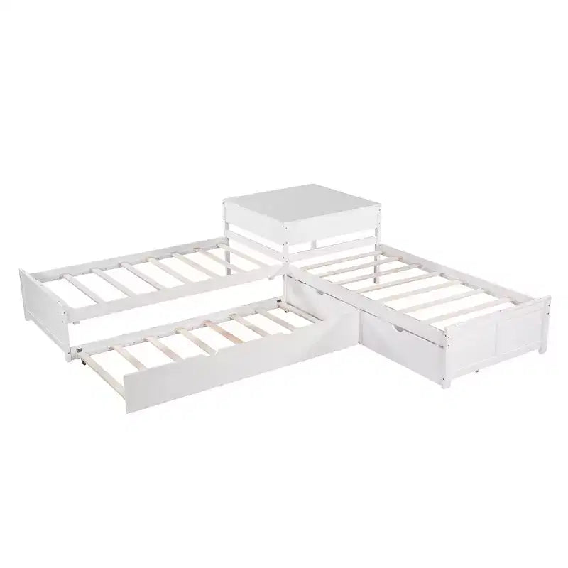 L-shaped Platform Bed with Trundle and Drawers Linked with built-in Desk,Twin,White