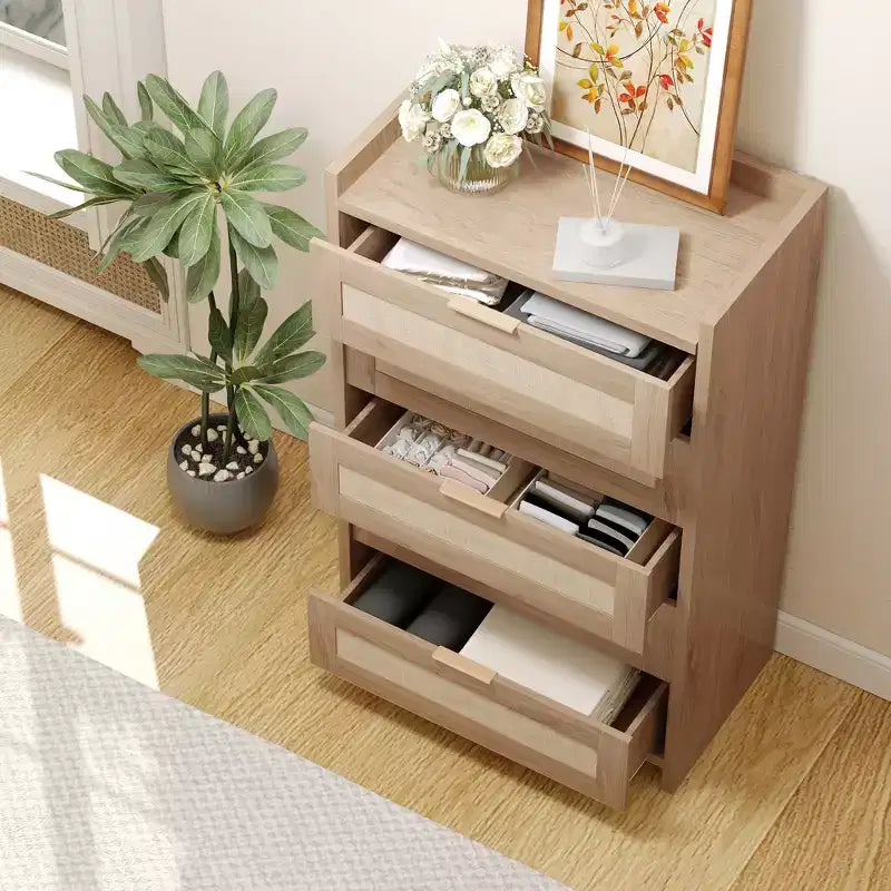 Bohemian Rattan 5-Drawer Dresser, 46 Tall Woven Storage Cabinet, Night Stand Clothes Storage Cabinet