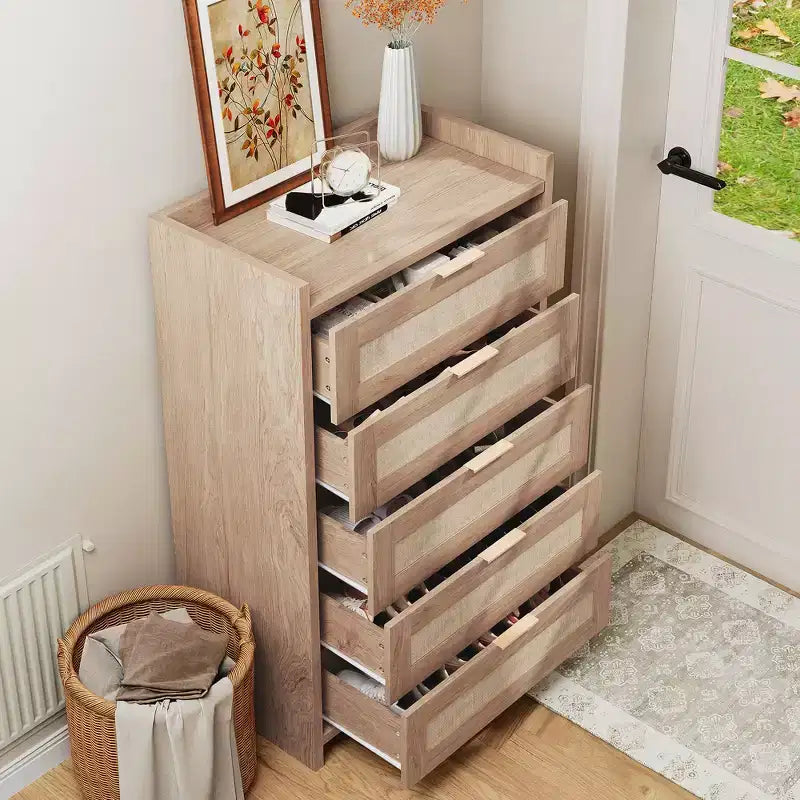 Bohemian Rattan 5-Drawer Dresser, 46 Tall Woven Storage Cabinet, Night Stand Clothes Storage Cabinet