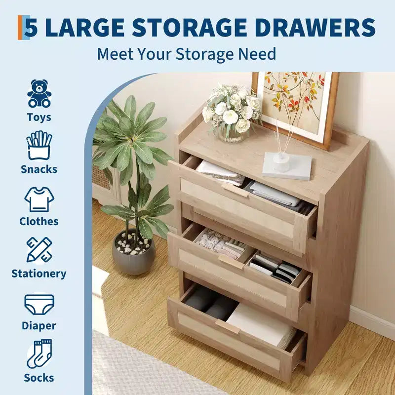 Bohemian Rattan 5-Drawer Dresser, 46 Tall Woven Storage Cabinet, Night Stand Clothes Storage Cabinet