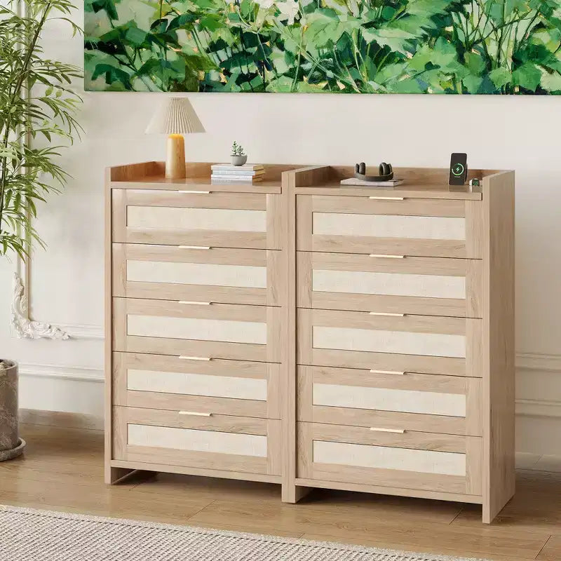 Bohemian Rattan 5-Drawer Dresser, 46 Tall Woven Storage Cabinet, Night Stand Clothes Storage Cabinet