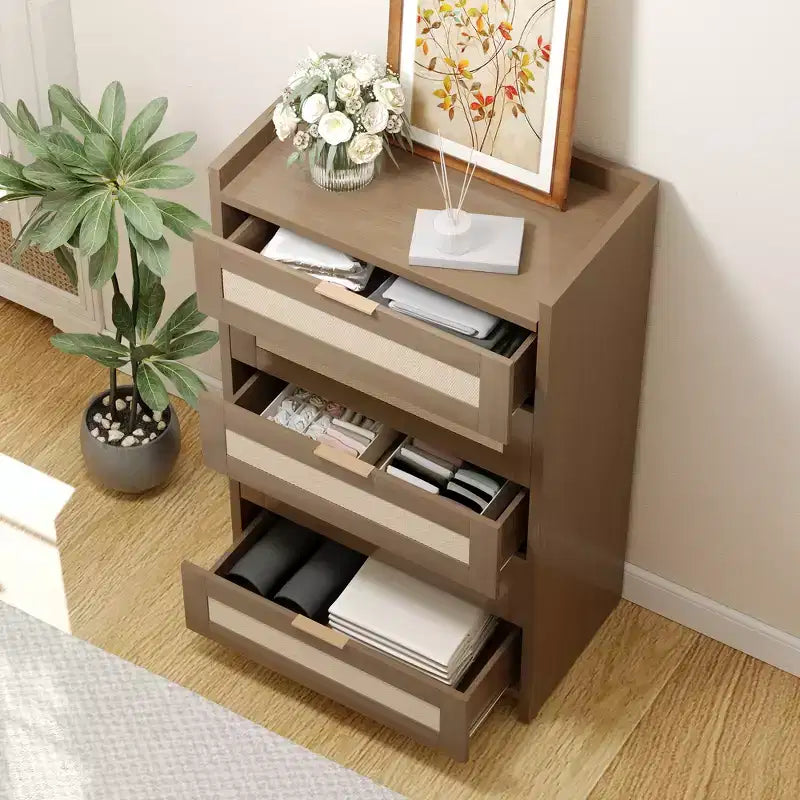 Bohemian Rattan 5-Drawer Dresser, 46 Tall Woven Storage Cabinet, Night Stand Clothes Storage Cabinet