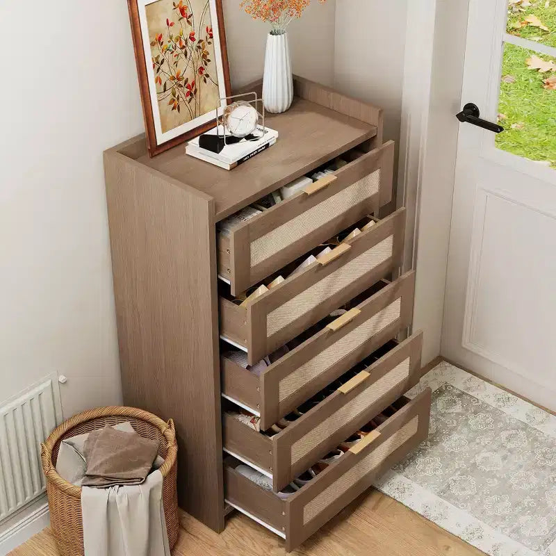 Bohemian Rattan 5-Drawer Dresser, 46 Tall Woven Storage Cabinet, Night Stand Clothes Storage Cabinet