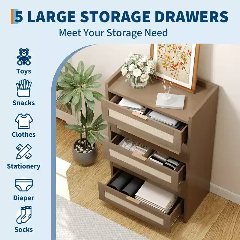 Bohemian Rattan 5-Drawer Dresser, 46 Tall Woven Storage Cabinet, Night Stand Clothes Storage Cabinet