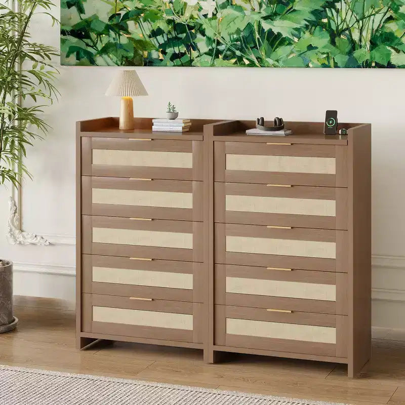 Bohemian Rattan 5-Drawer Dresser, 46 Tall Woven Storage Cabinet, Night Stand Clothes Storage Cabinet