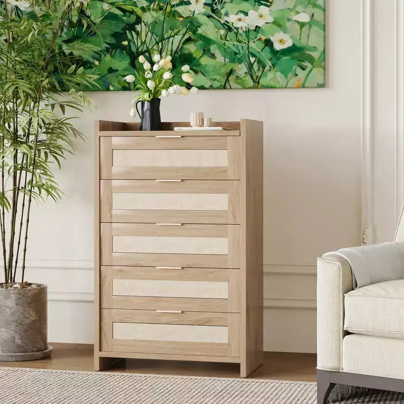 Bohemian Rattan 5-Drawer Dresser, 46 Tall Woven Storage Cabinet, Night Stand Clothes Storage Cabinet