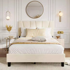 Bed Frame, Upholstered Full Size with Adjustable Headboard - Velvet Tufted Platform Bedframe, No Box Spring Needed, Beige