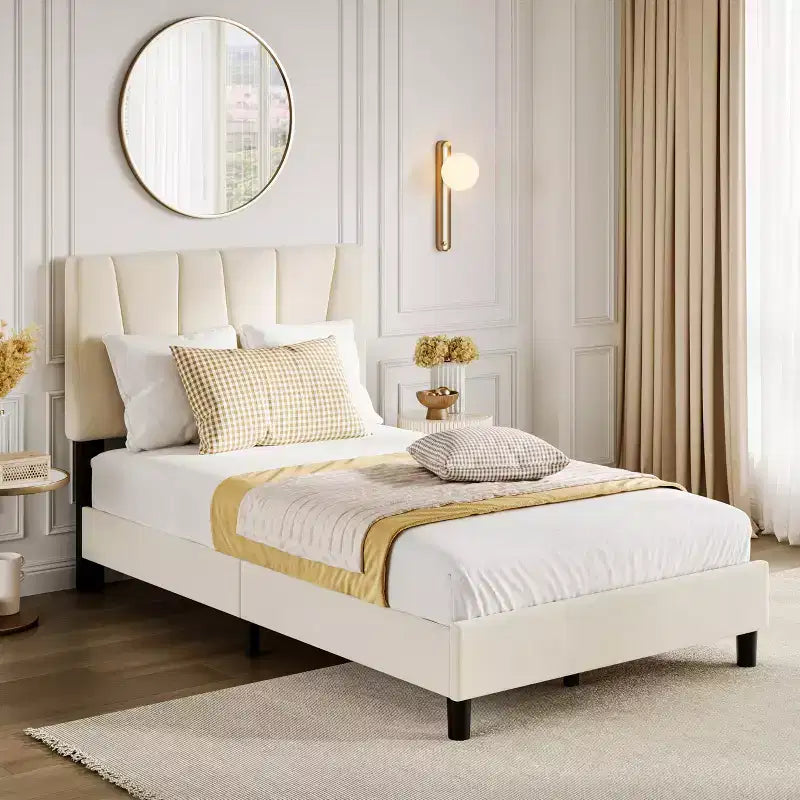 Bed Frame, Upholstered Full Size with Adjustable Headboard - Velvet Tufted Platform Bedframe, No Box Spring Needed, Beige